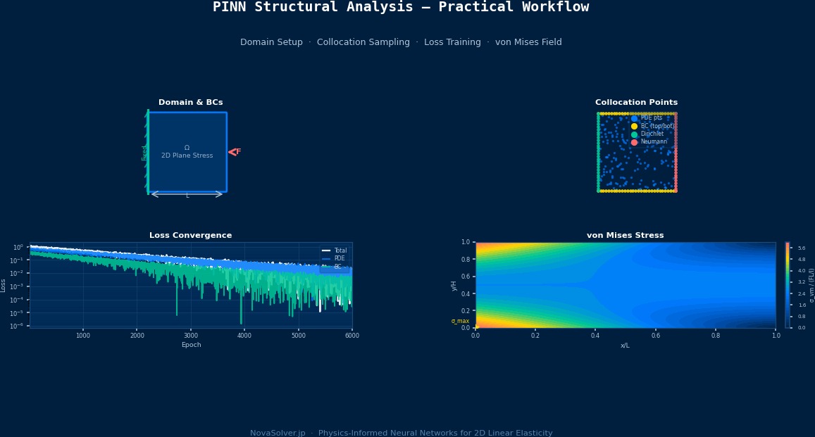 PINN structural analysis practical workflow: domain setup with fixed wall and point load, random collocation point sampling, loss convergence curves (total / PDE / BC), and von Mises stress contour for 2D linear elasticity