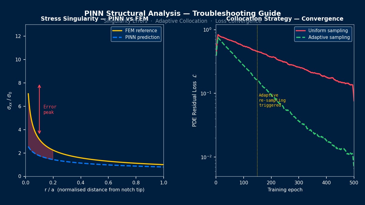 PINN structural mechanics troubleshooting: stress singularity prediction error vs FEM reference, and adaptive collocation sampling convergence comparison