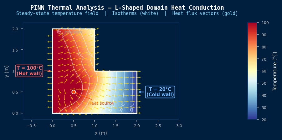 2D steady-state heat conduction in L-shaped domain solved with PINN — temperature contour field with isotherms and heat flux vectors showing boundary conditions T=100°C hot wall and T=20°C cold wall
