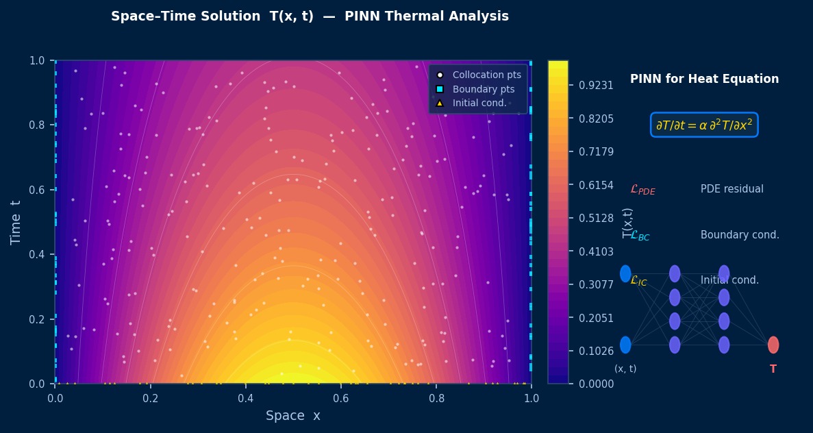 Space-time contour plot T(x,t) of 1D heat equation solved by Physics-Informed Neural Network (PINN) with collocation points and neural network architecture overlay