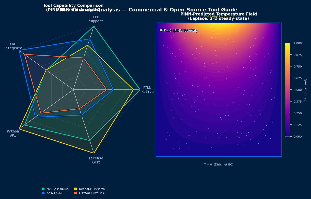 PINN thermal analysis tool comparison radar chart and 2D temperature field prediction — NVIDIA Modulus, DeepXDE, Ansys AI/ML, COMSOL