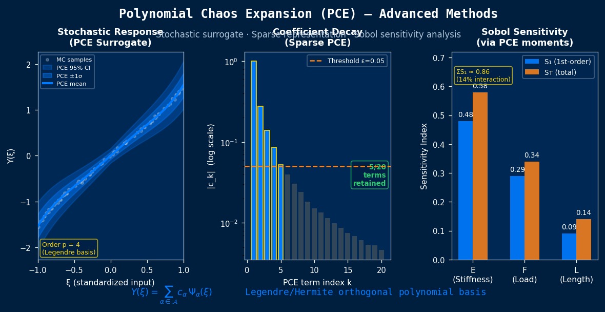 Polynomial Chaos Expansion PCE advanced methods: stochastic surrogate response with uncertainty bands, sparse PCE coefficient decay plot, and Sobol global sensitivity indices for CAE uncertainty quantification