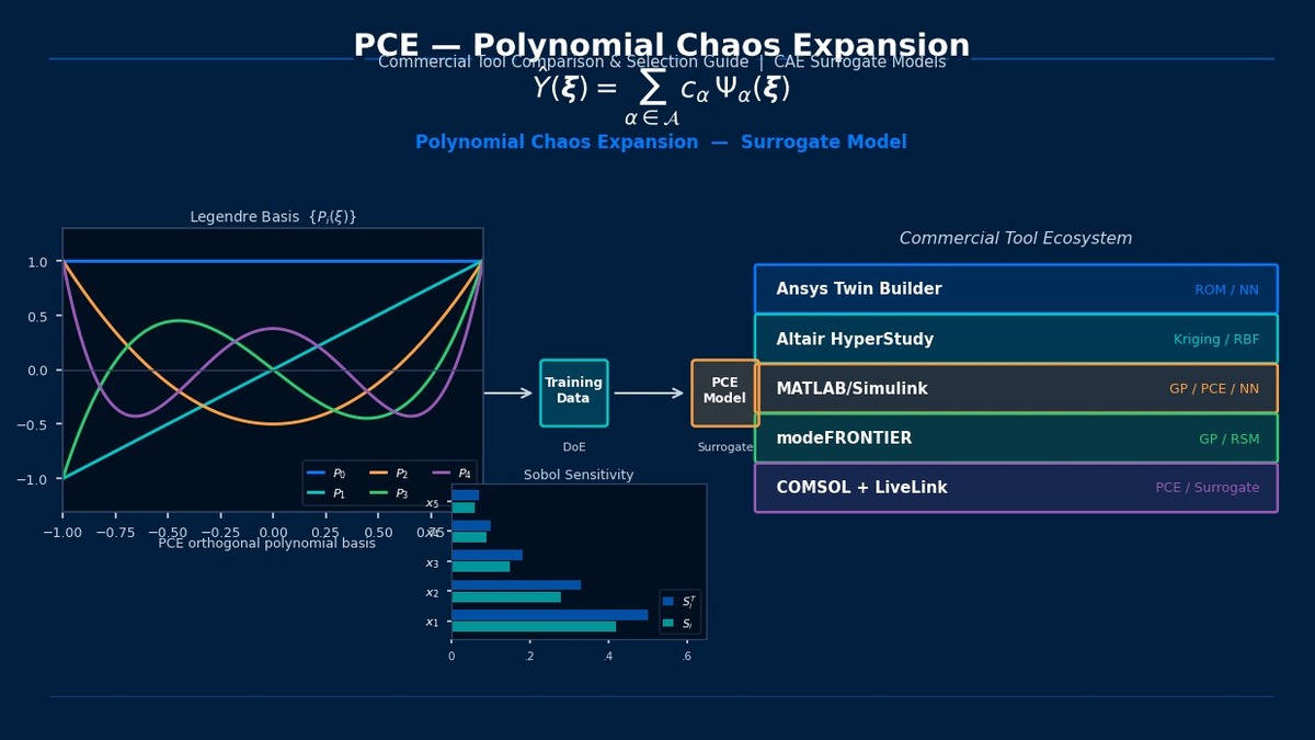 Polynomial Chaos Expansion PCE surrogate model tool comparison: Legendre basis functions, Sobol sensitivity indices, and CAE vendor ecosystem including Ansys, Altair HyperStudy, MATLAB, modeFRONTIER and COMSOL