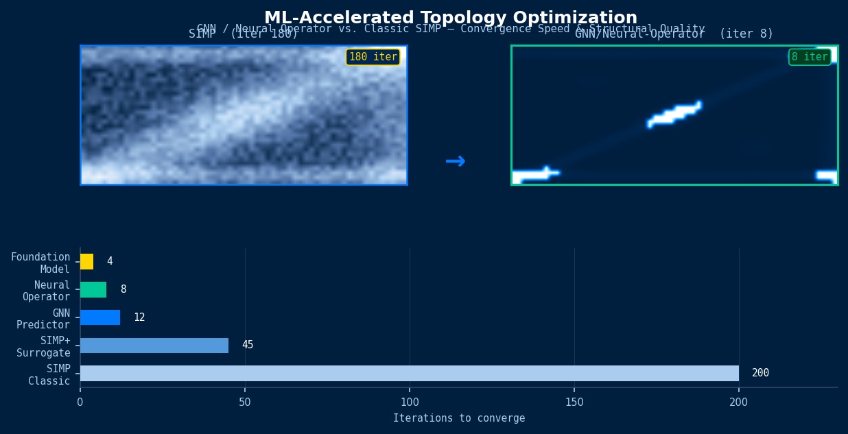 ML-accelerated topology optimization: GNN/Neural Operator vs classic SIMP convergence, cantilever density field, iteration count comparison