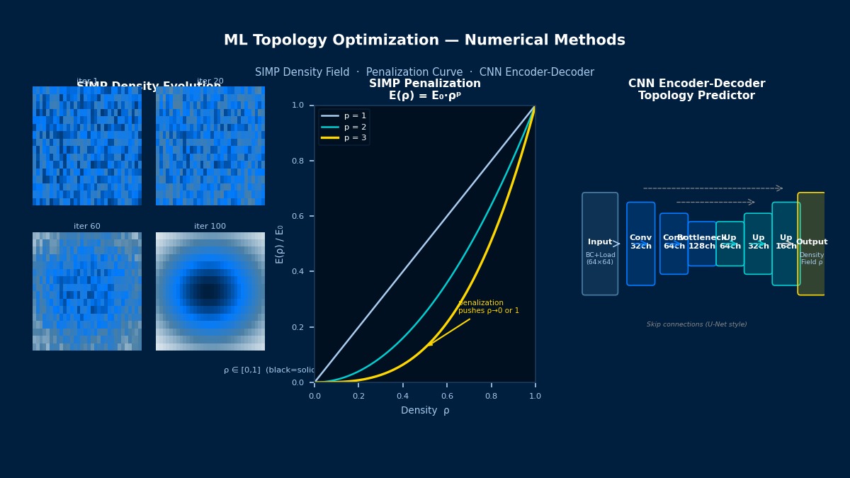 ML拓扑优化数值方法：SIMP密度场收敛过程（第1至100次迭代）、E(ρ)=E₀·ρᵖ惩罚函数曲线（p=1,2,3）及CNN编码-解码器拓扑预测架构