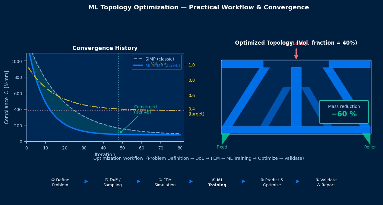 ML topology optimization workflow: compliance convergence history chart and optimized bridge bracket structure with 60% mass reduction