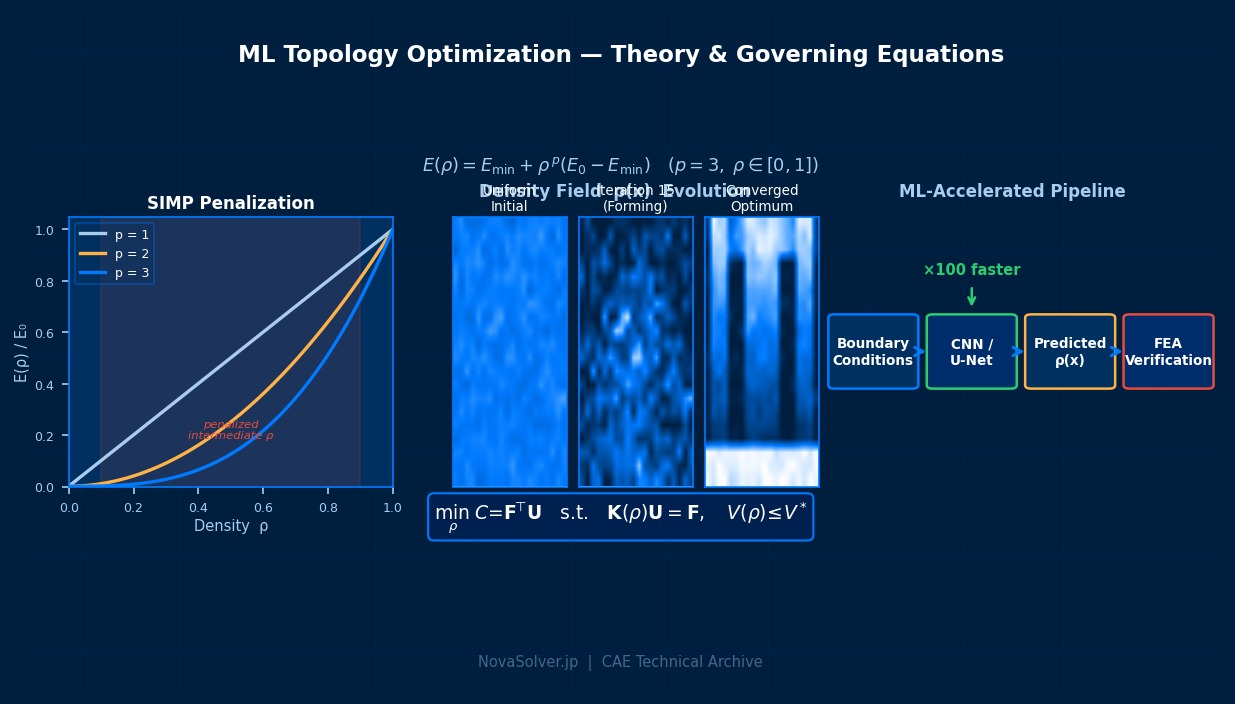 SIMP density penalization curve, ML-accelerated topology optimization pipeline, compliance minimization equations