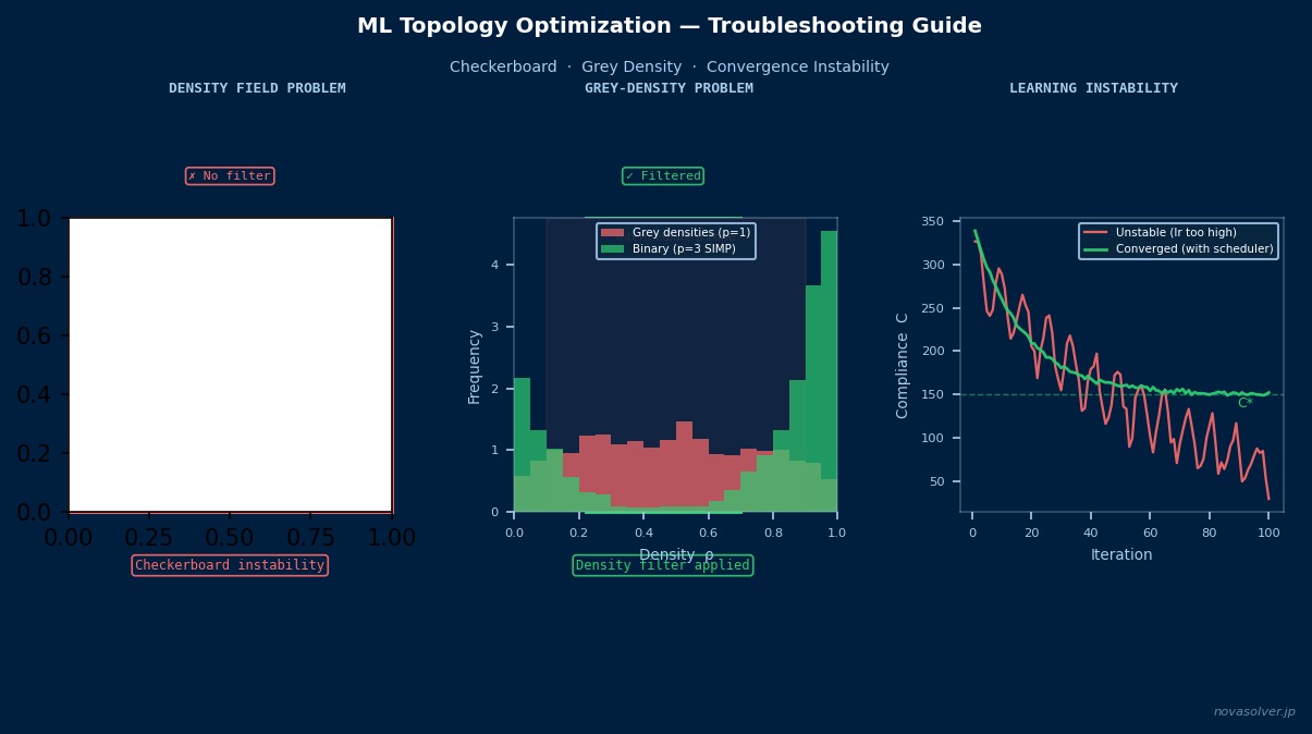 ML topology optimization troubleshooting: checkerboard instability, grey density histogram, and compliance convergence curves