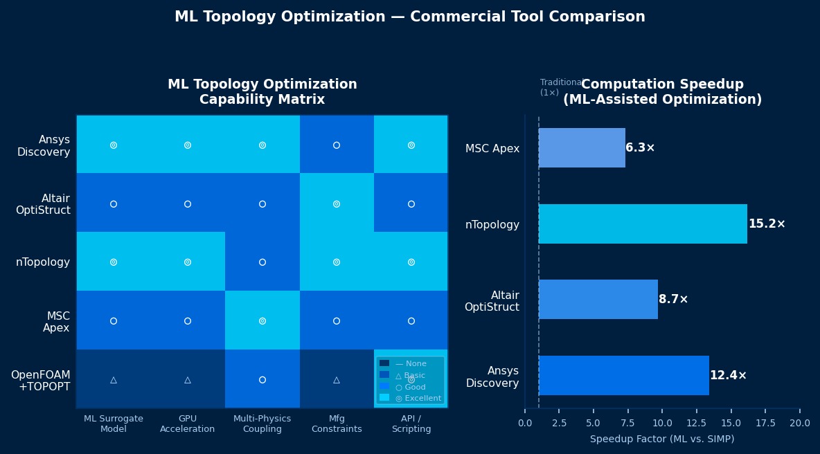 ML拓扑优化能力矩阵对比图：Ansys Discovery、Altair OptiStruct、nTopology、MSC Apex的GPU加速、ML代理模型、多物理场耦合能力评分及计算加速倍率柱状图
