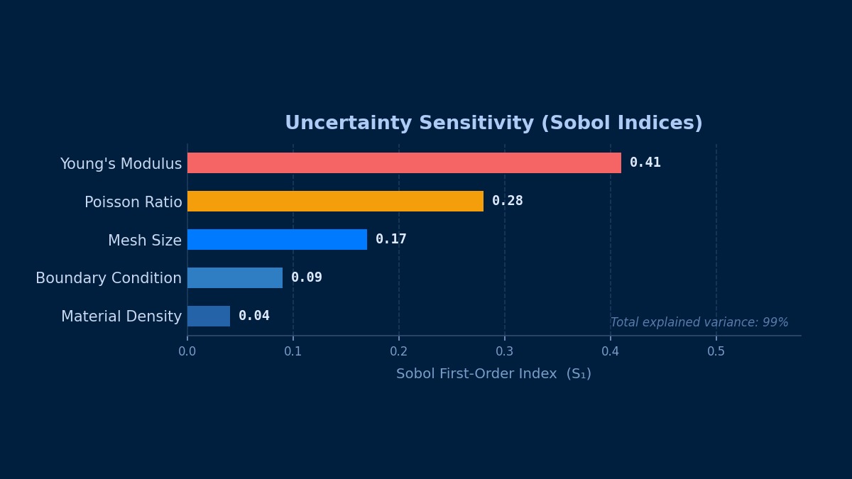 Practical ML uncertainty quantification in CAE: Sobol sensitivity tornado chart showing contribution of material and mesh parameters to output variance