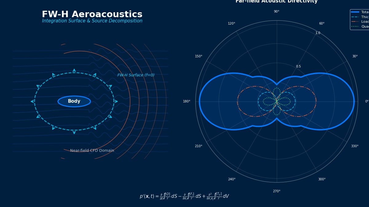 FW-H aeroacoustics integration surface with near-field CFD flow streamlines and far-field acoustic directivity pattern decomposed into thickness, loading, and quadrupole noise