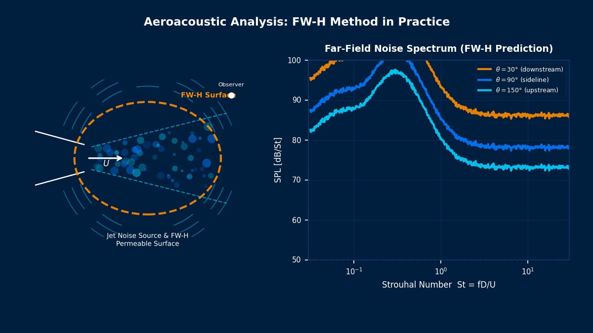 Aeroacoustic FW-H analysis showing turbulent jet noise source with permeable integration surface and predicted far-field SPL spectra at multiple observer angles