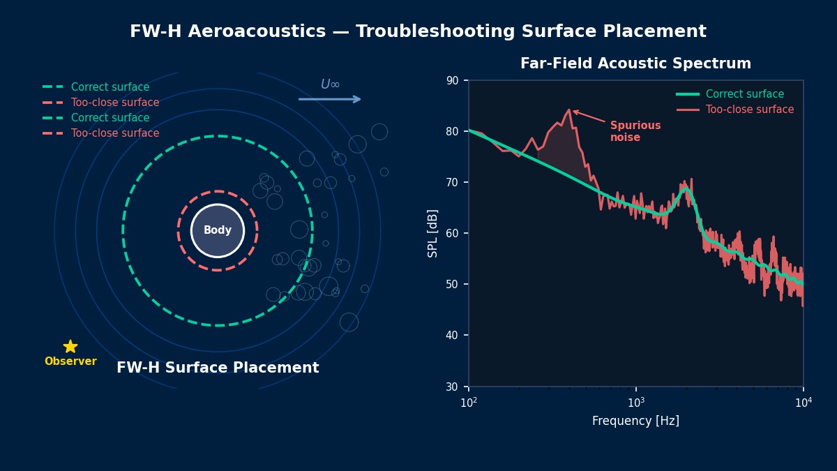 FW-H aeroacoustics troubleshooting: integration surface placement sensitivity and spurious noise artifacts in far-field acoustic spectrum