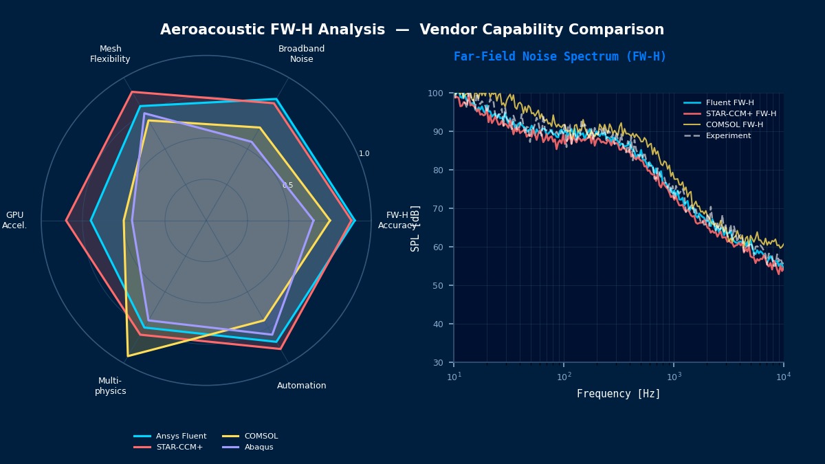 Aeroacoustic FW-H vendor capability radar chart and far-field noise SPL spectrum comparison for Ansys Fluent, STAR-CCM+, COMSOL, and Abaqus