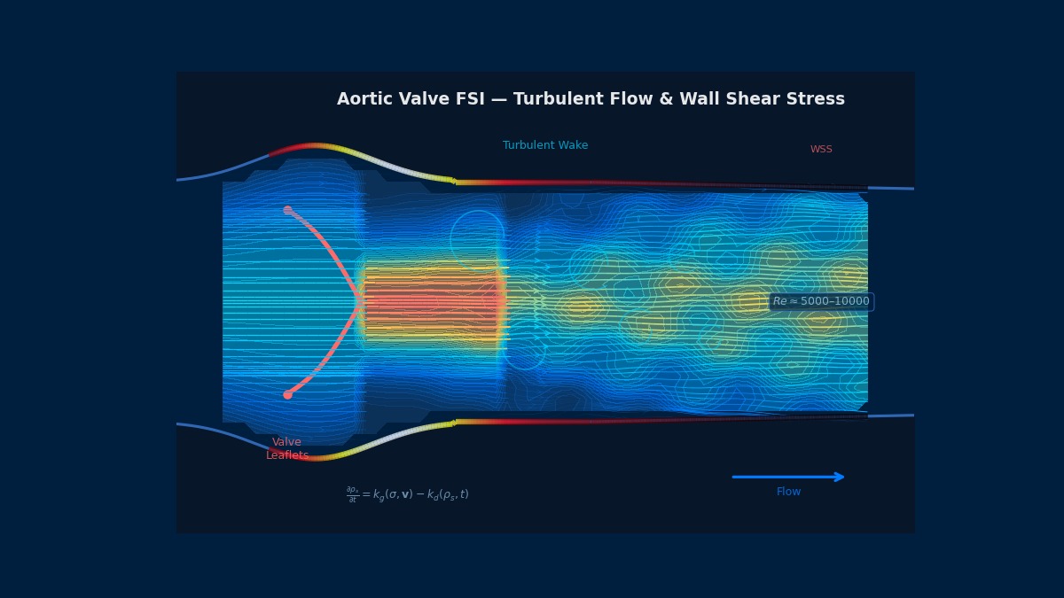 Aortic valve FSI simulation showing turbulent blood flow velocity field, vortex structures, and wall shear stress distribution