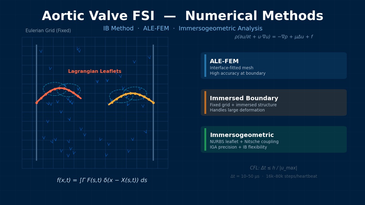 Aortic valve FSI numerical methods: Immersed Boundary method with Eulerian grid, Lagrangian leaflets, and delta-function spreading