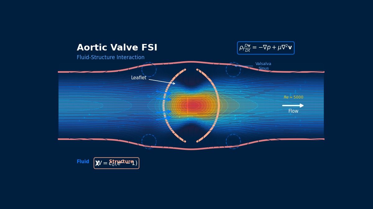 Aortic valve FSI simulation showing blood flow streamlines through tri-leaflet valve with Valsalva sinus vortices and Navier-Stokes equations