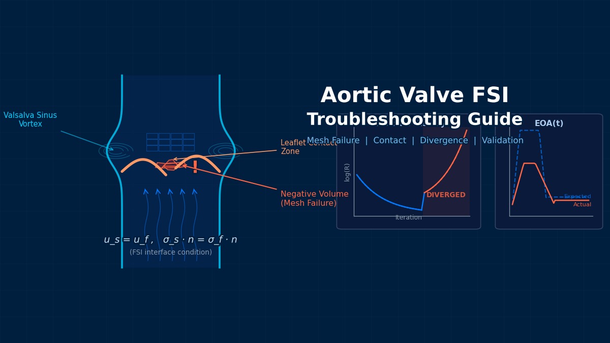 主动脉瓣FSI故障排除：瓣叶接触处网格畸变、Valsalva窦涡流、残差发散和有效开口面积验证