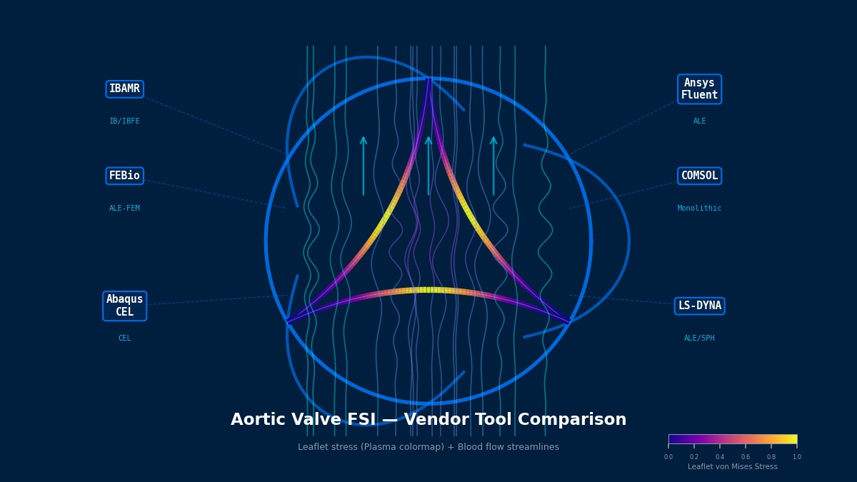 Aortic valve FSI simulation showing tri-leaflet valve cross-section with von Mises stress distribution and blood flow streamlines, comparing vendor tools IBAMR, FEBio, Ansys Fluent, COMSOL, Abaqus CEL, and LS-DYNA