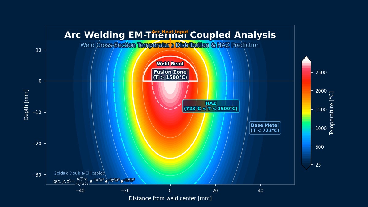 Arc welding EM-thermal coupled analysis weld cross-section temperature contour with HAZ prediction and Goldak double-ellipsoid heat source