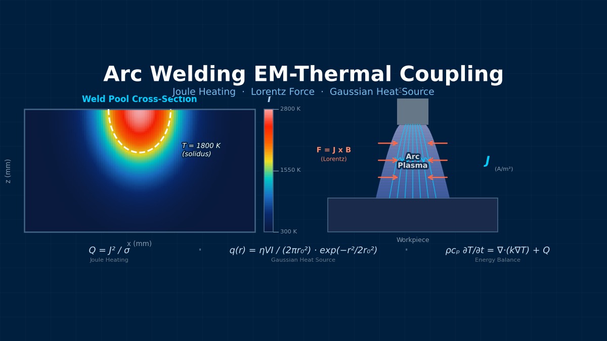 Arc welding electromagnetic-thermal coupling simulation showing temperature contours in weld pool, Gaussian heat source distribution, current density streamlines, and Joule heating equations