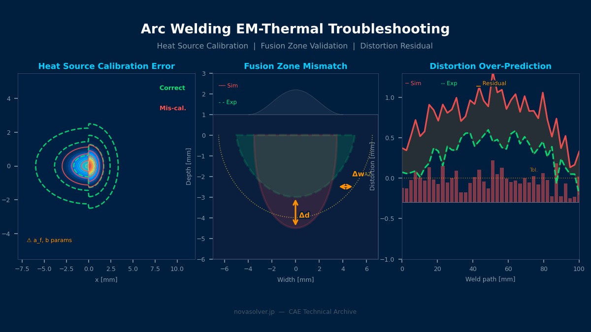 电弧焊电磁-热耦合分析故障排除：Goldak双椭球热源校准与熔合区模拟实验对比
