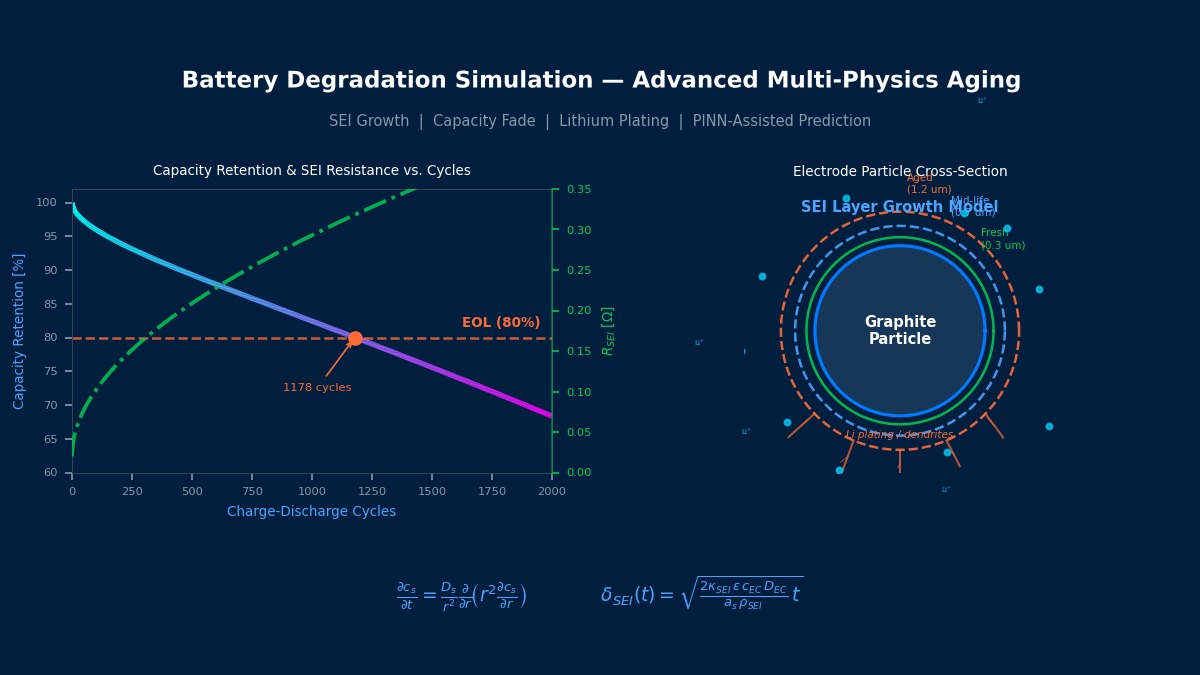 Battery degradation simulation showing capacity fade curve with SEI resistance growth and electrode particle cross-section with SEI layer and lithium plating