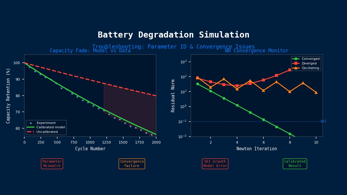 Battery degradation simulation troubleshooting showing capacity fade model vs experimental data comparison and Newton-Raphson convergence monitor with diverging, oscillating, and converged cases