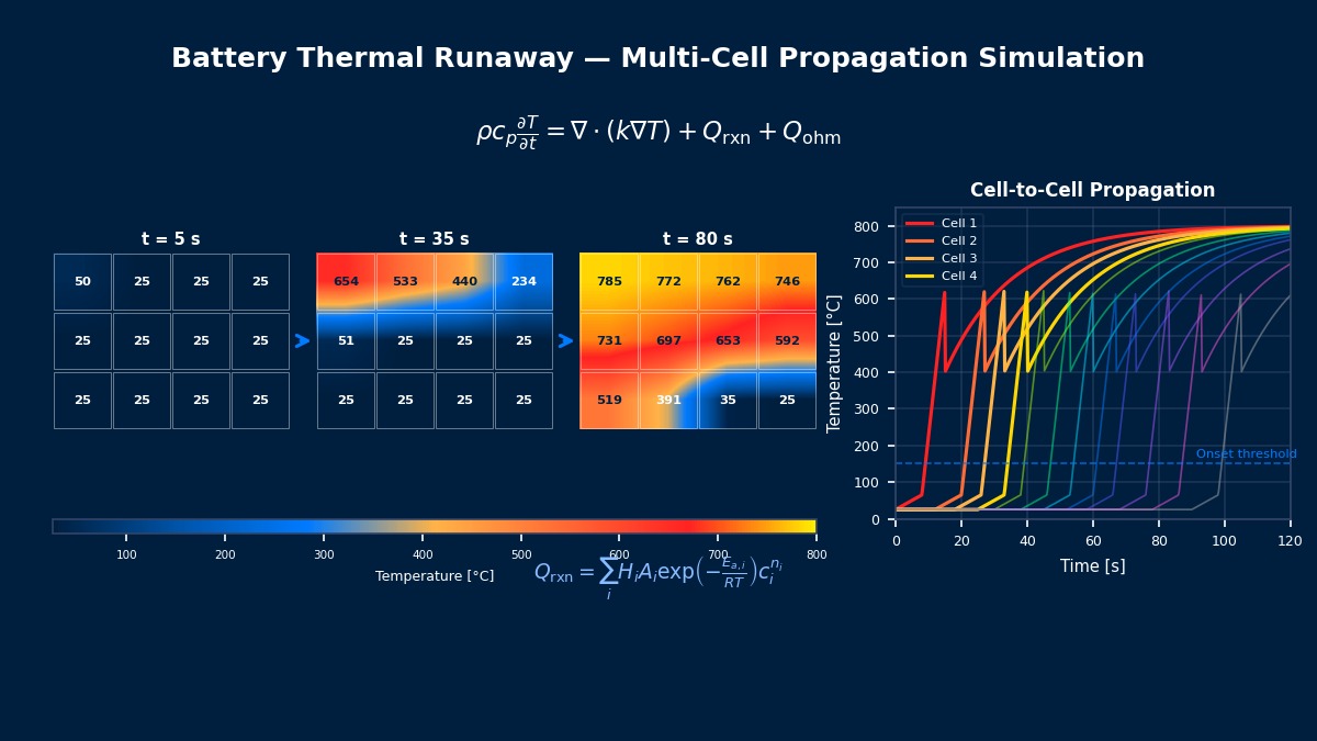 Battery thermal runaway multi-cell propagation simulation showing cascading temperature rise across a 4x3 cell array with Arrhenius reaction heat source