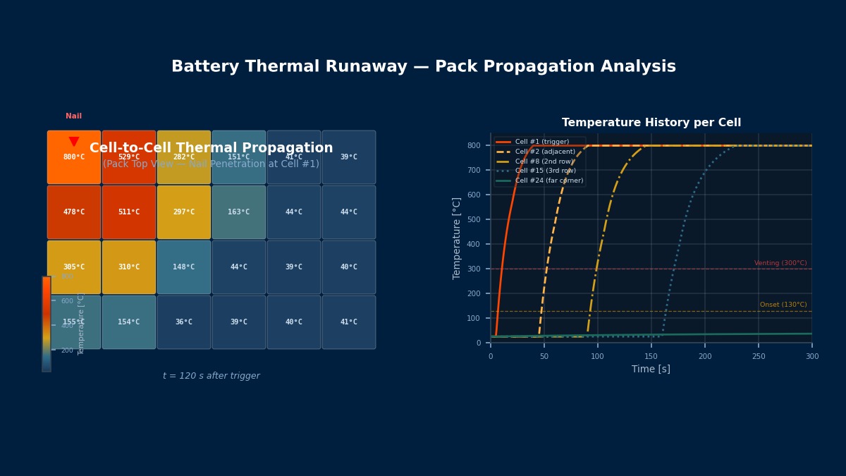 Battery thermal runaway pack-level propagation analysis showing cell-to-cell temperature spread and time-history curves after nail penetration trigger