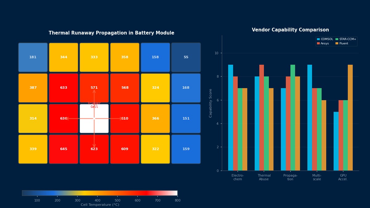 Battery thermal runaway propagation simulation in a cell module with vendor capability comparison chart for COMSOL, Ansys, STAR-CCM+, and Fluent