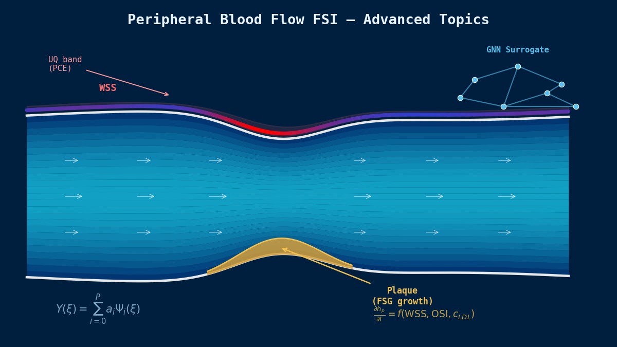 Peripheral blood flow FSI visualization showing vessel cross-section with WSS distribution, plaque growth model, PCE uncertainty quantification band, and GNN surrogate network