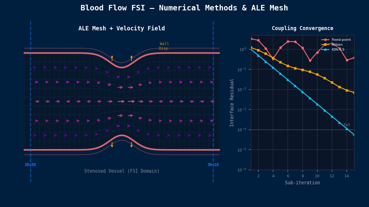 Blood flow FSI numerical methods: ALE mesh deformation in stenosed vessel with velocity field and coupling convergence comparison