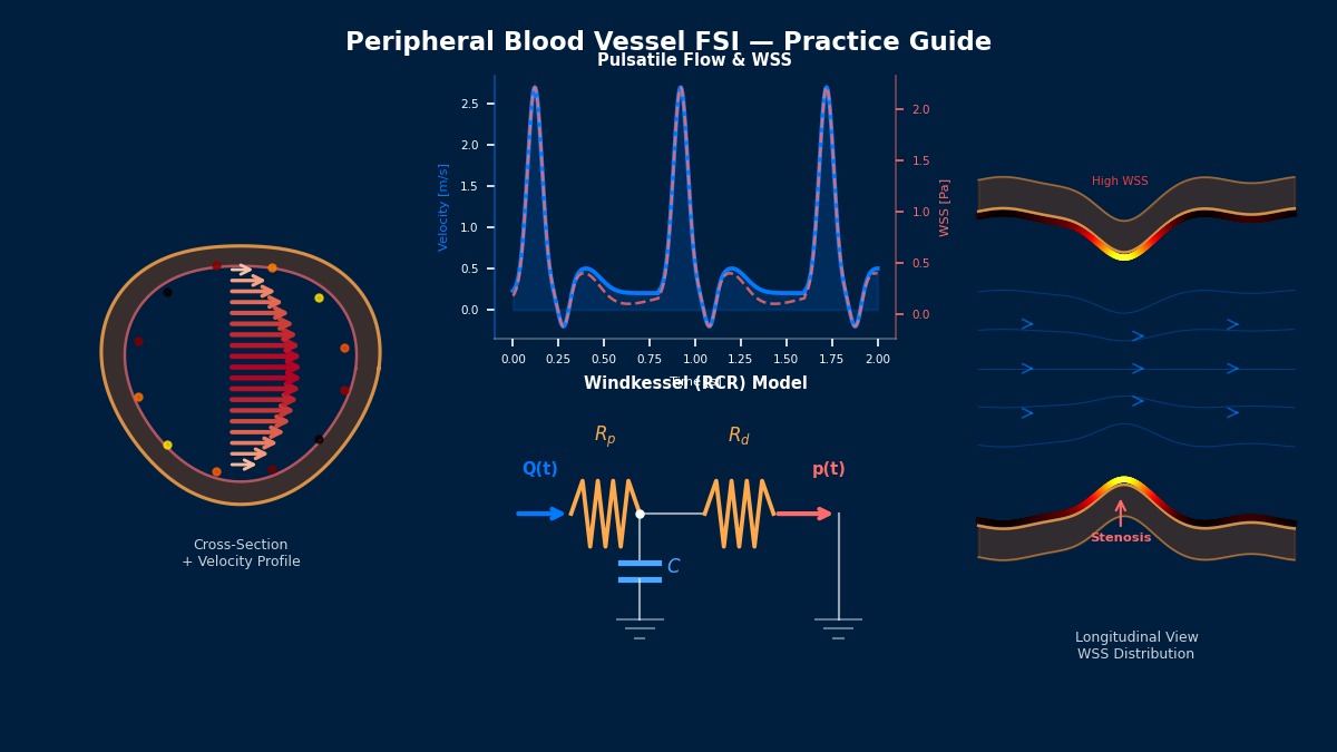 外周血管FSI实践指南——血管截面速度分布、脉动流与壁面剪应力波形、Windkessel RCR出口模型、狭窄处WSS分布