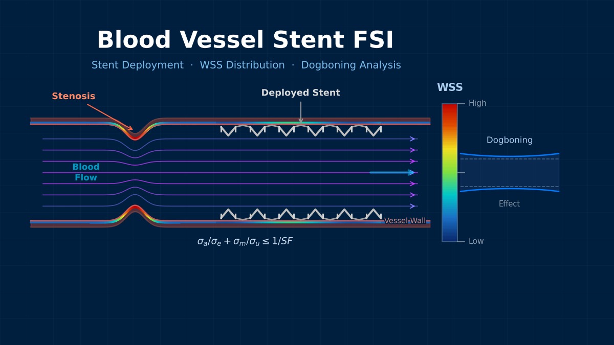 Blood vessel stent deployment FSI simulation showing deployed stent struts, wall shear stress distribution, stenosis, and dogboning analysis