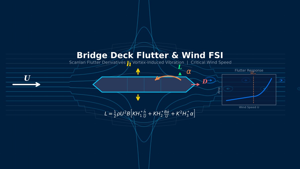 Bridge deck flutter FSI with Scanlan flutter derivatives, Karman vortex street, and critical wind speed divergence curve