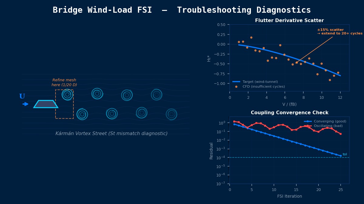 Bridge wind-load FSI troubleshooting: Karman vortex street behind bridge deck cross-section, flutter derivative scatter vs wind-tunnel target, and FSI coupling convergence residual history