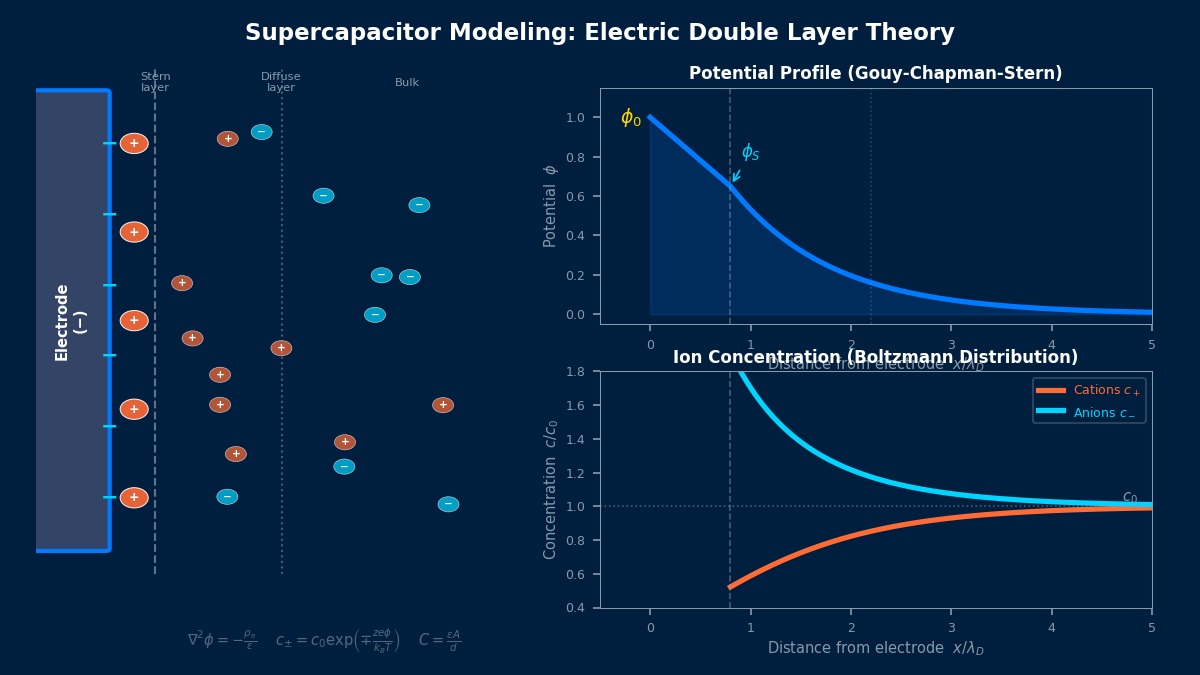Supercapacitor electric double layer model showing Gouy-Chapman-Stern potential profile and Boltzmann ion concentration distribution