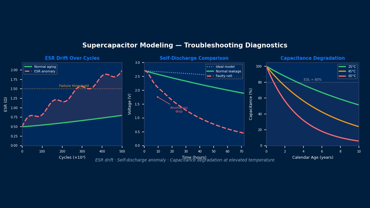 超级电容器建模故障排除诊断：ESR漂移、自放电异常及高温下电容量退化曲线