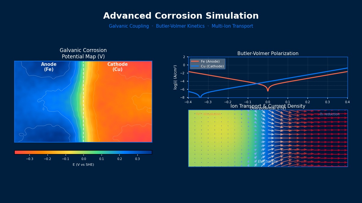 Advanced corrosion simulation showing galvanic corrosion potential map, Butler-Volmer polarization curves, and multi-ion transport current density field