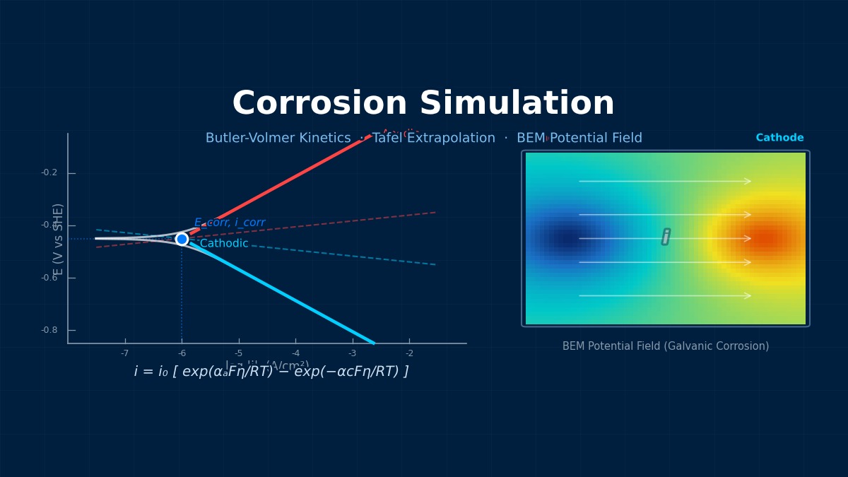 Butler-Volmer polarization curves with anodic and cathodic Tafel extrapolation and BEM potential field for galvanic corrosion simulation
