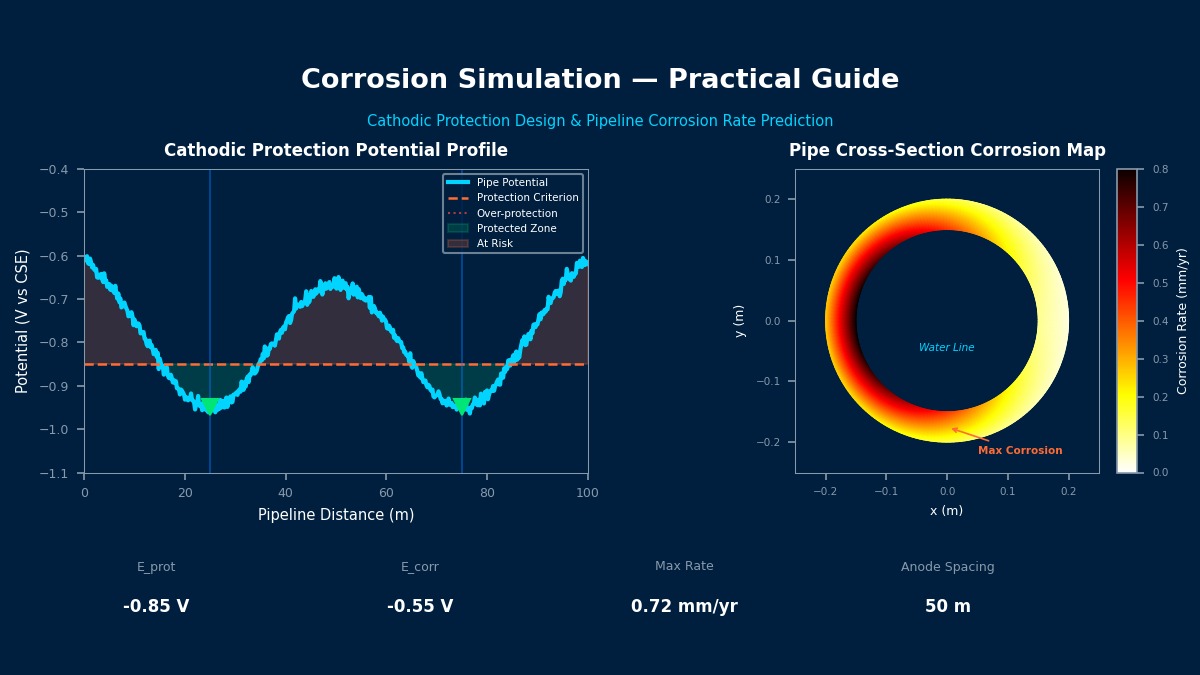腐蚀仿真展示埋地管道阴极保护电位分布和管道截面腐蚀速率图