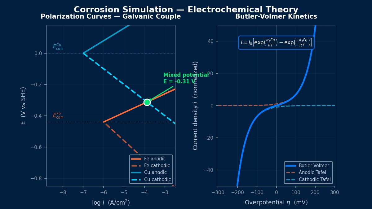 Corrosion simulation polarization curves showing Fe-Cu galvanic couple mixed potential and Butler-Volmer electrochemical kinetics