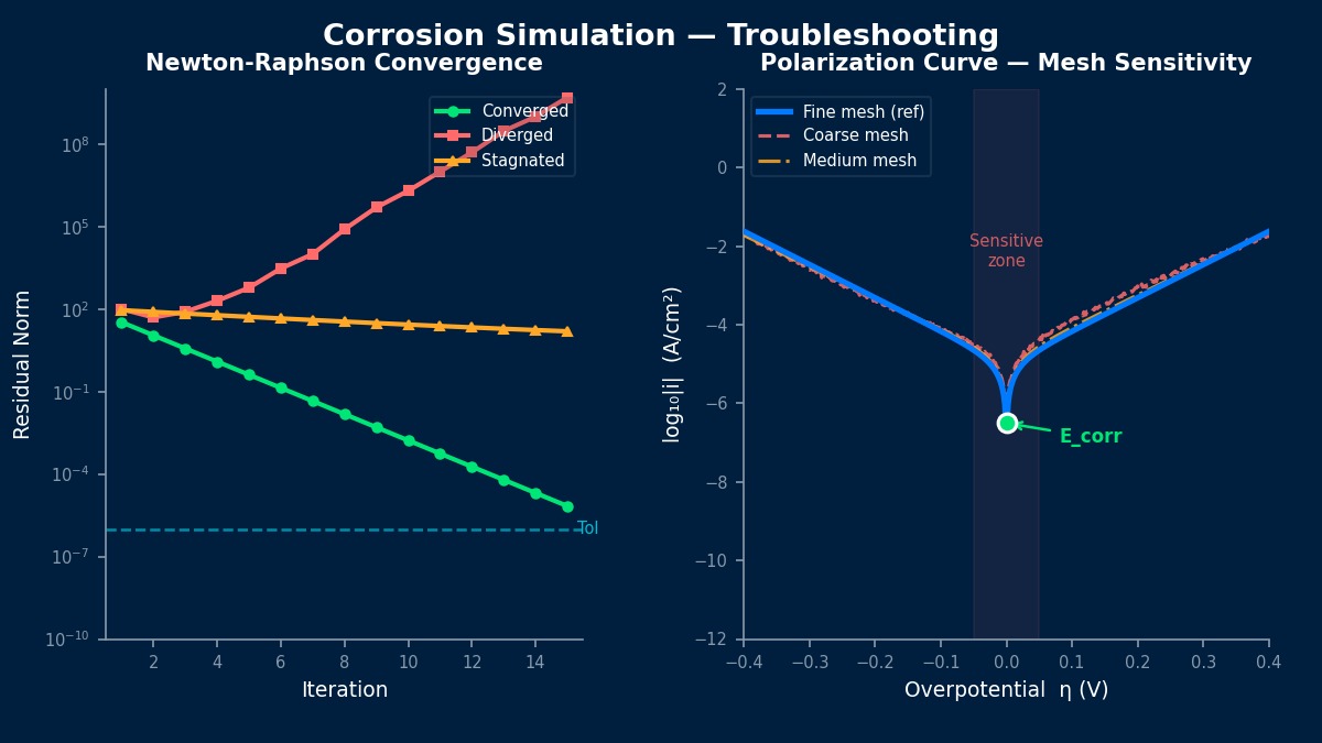 Corrosion simulation troubleshooting: Newton-Raphson convergence history showing converged, diverged, and stagnated cases alongside Butler-Volmer polarization curve with mesh sensitivity analysis