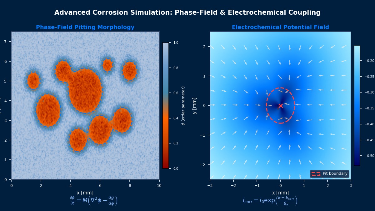 Advanced corrosion simulation showing phase-field pitting morphology evolution and electrochemical potential distribution with Butler-Volmer corrosion kinetics