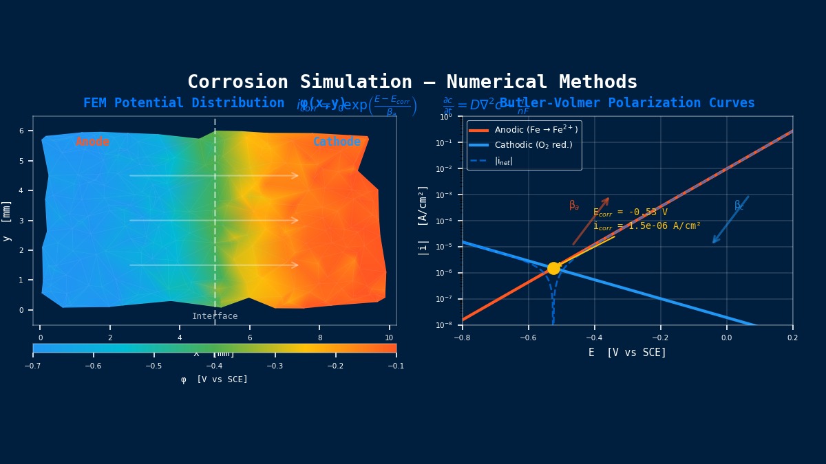 FEM potential distribution on galvanic couple and Butler-Volmer polarization curves for corrosion simulation numerical methods