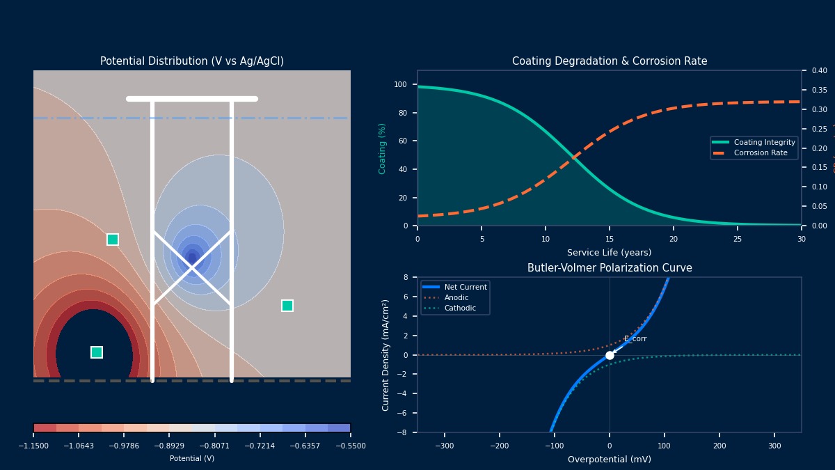 Corrosion simulation practice: offshore CP potential distribution, coating degradation timeline, and Butler-Volmer polarization curve