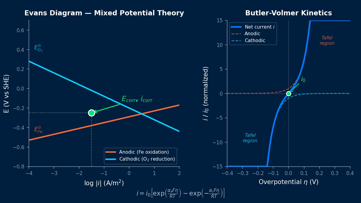 Evans diagram showing mixed potential theory with anodic and cathodic polarization curves and Butler-Volmer electrode kinetics for corrosion simulation