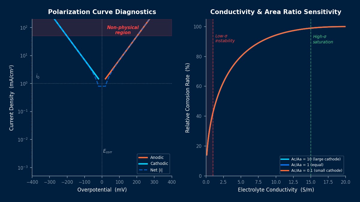 Corrosion simulation troubleshooting: polarization curve diagnostics with non-physical current density region and electrolyte conductivity sensitivity for different anode-cathode area ratios