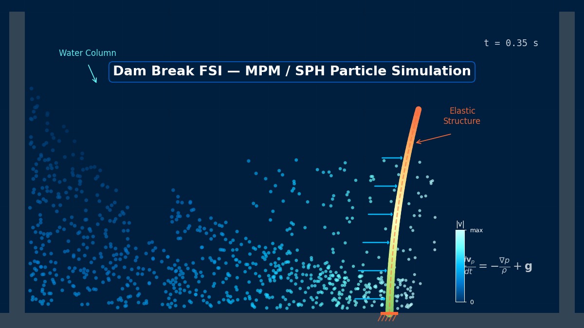 Dam break FSI particle simulation showing SPH/MPM water column collapse impacting an elastic structure with velocity contour